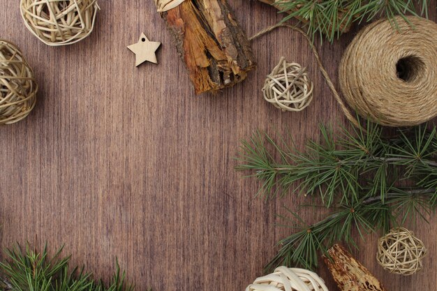 Christmas elements on wooden background