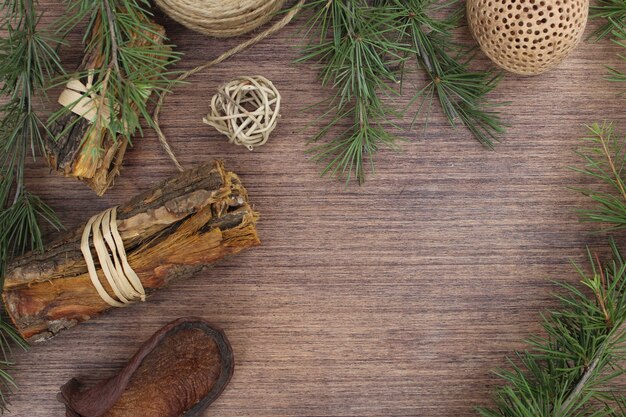 Christmas elements on wooden background