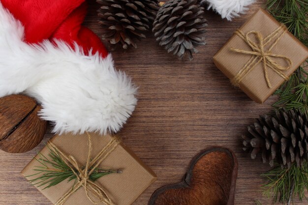 Christmas elements on wooden background