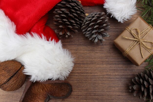 Christmas elements on wooden background