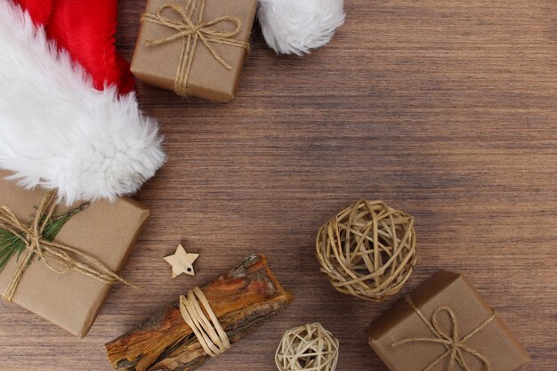 Christmas elements on wooden background