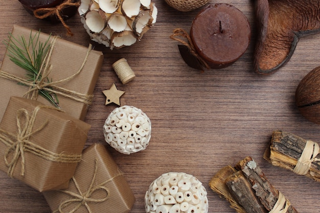 Christmas elements on wooden background