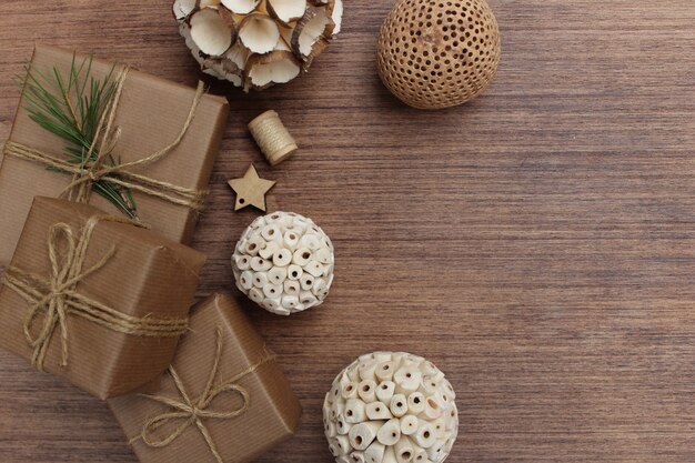 Christmas elements on wooden background