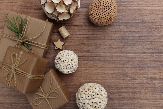 Christmas elements on wooden background