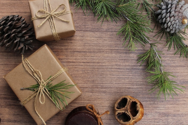 Christmas elements on wooden background