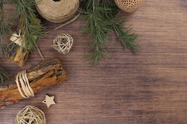 Christmas elements on wooden background