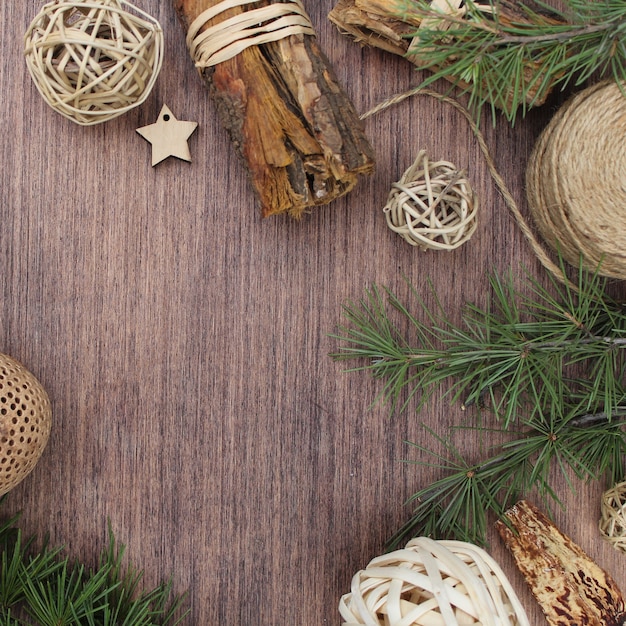 Christmas elements on wooden background