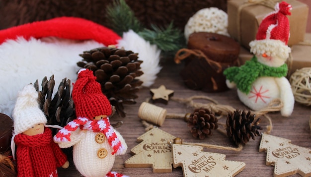 Christmas elements on wooden background