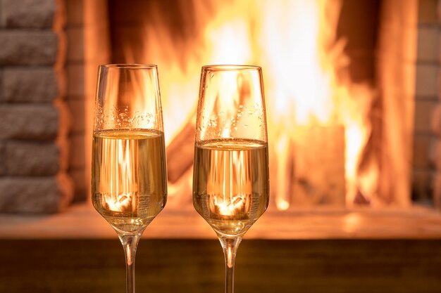 Cozy Fireplace Champagne Wine Before Christmas Tree Decorated