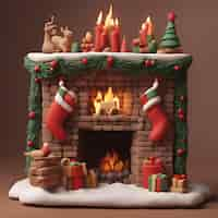 Free photo christmas fireplace with christmas gifts and reindeer 3d render