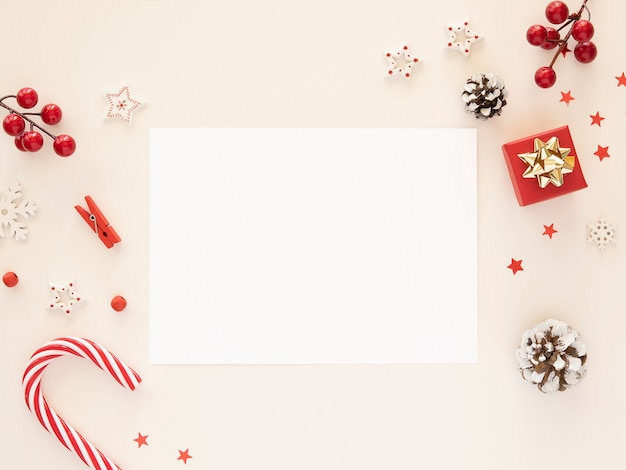 Christmas flat lay mockup letter blank paper sheet with xmas decorations on white background