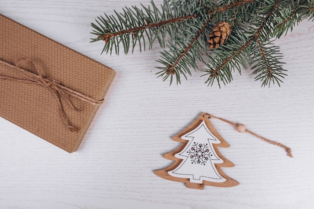 Christmas flat lay on wooden background