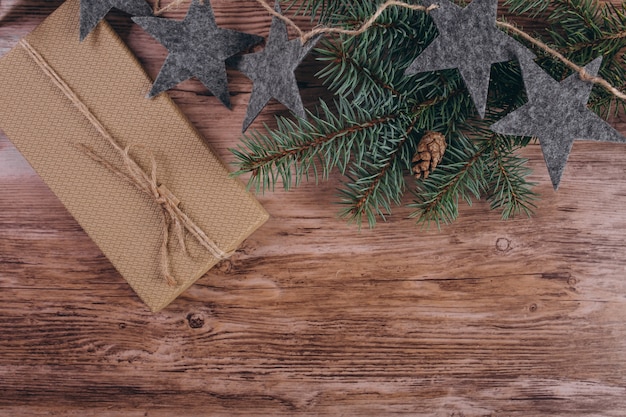 Christmas flat lay on wooden background