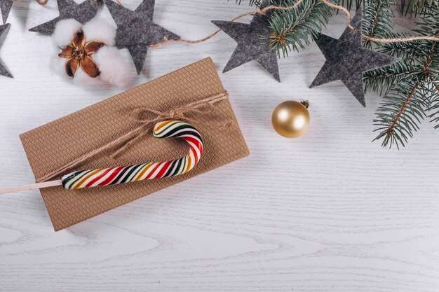 Christmas flat lay on wooden background