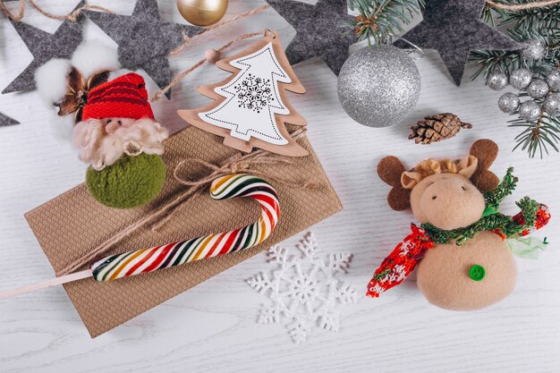 Christmas flat lay on wooden background