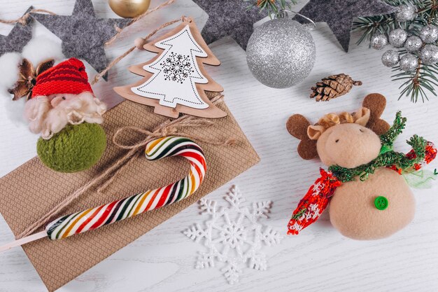 Christmas flat lay on wooden background