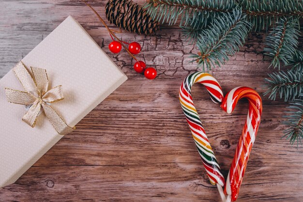 Christmas flat lay on wooden background