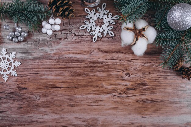 Christmas flat lay on wooden background