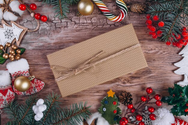 Christmas flat lay on wooden background