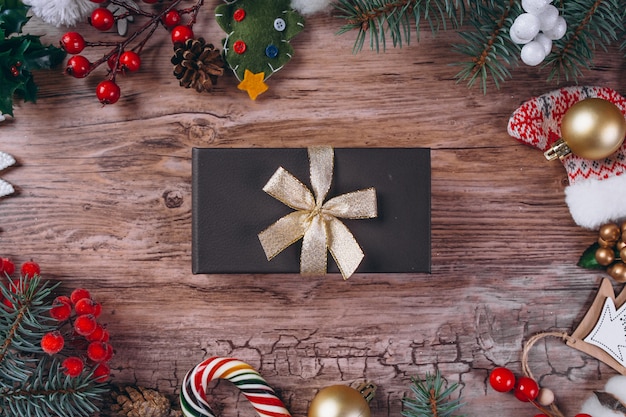 Christmas flat lay on wooden background