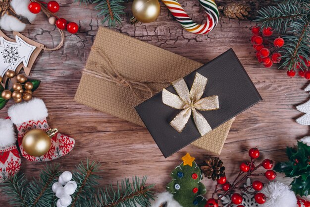 Christmas flat lay on wooden background