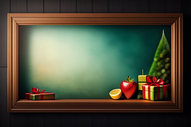 A christmas frame with a christmas tree and presents on it