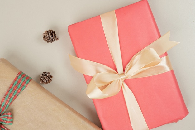 Christmas gift boxes tied with ribbon