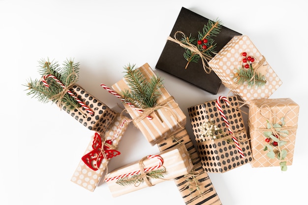 Christmas gift boxes on white table