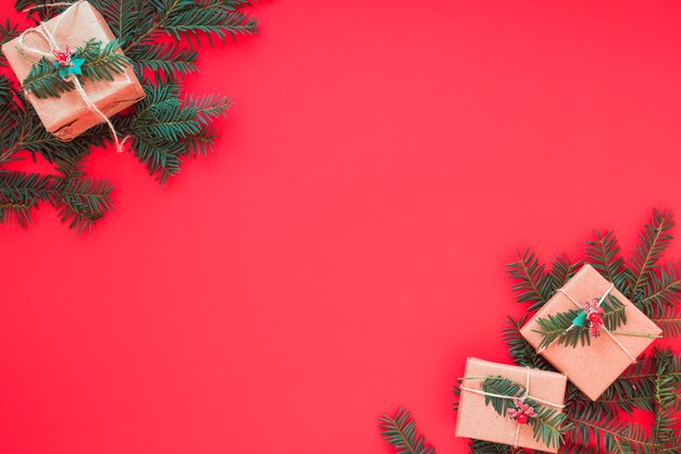 Christmas gift boxes with branches 