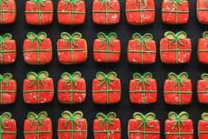 Free photo christmas gingerbread in the form of gift boxes flat lay