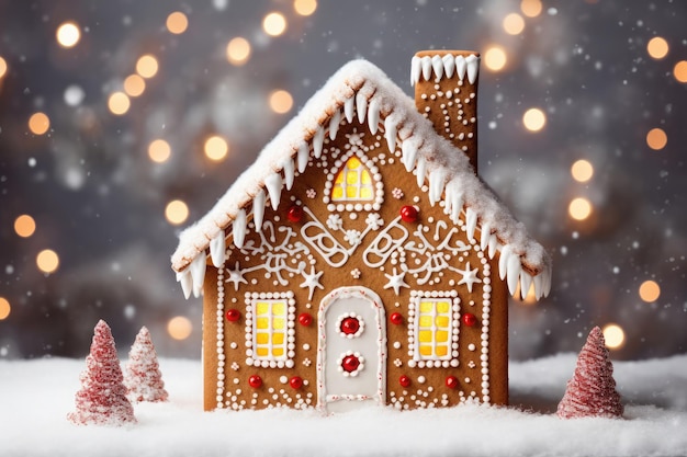 Christmas gingerbread house decorated with candies and glaze on wooden table