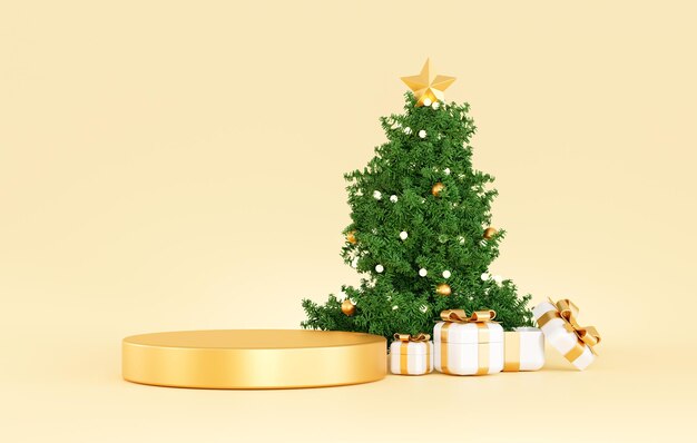 Рождественский золотой цилиндр, пьедестал, роскошный продукт, презентация с рождественской елкой и подарочной коробкой, абстрактный фон, 3D иллюстрация, пустая презентация сцены дисплея для размещения продукта