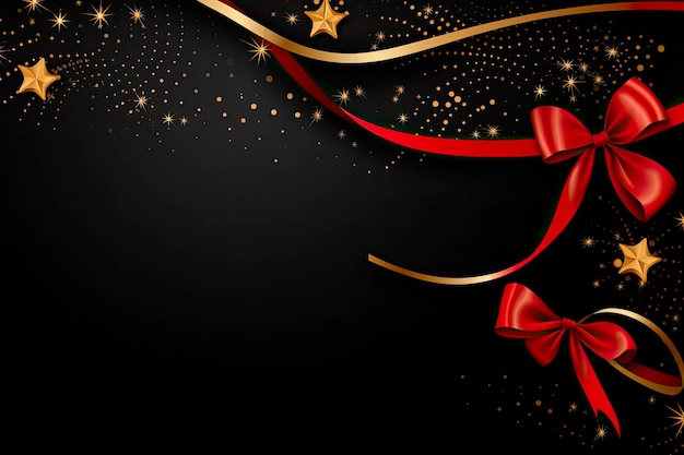無料写真 黒い色の背景に渦巻きリボンと星を持つクリスマスの挨拶バナー コピー スペース