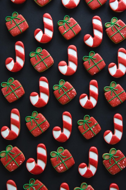 Christmas handmade gingerbread cookies covered with multicolored icing