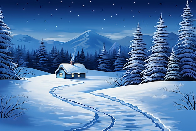 Free photo christmas illustration with snowy cabin with mountains and trees