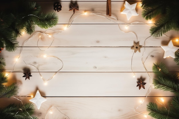 Christmas image with garland of lights and stars with spices and text on white wooden background