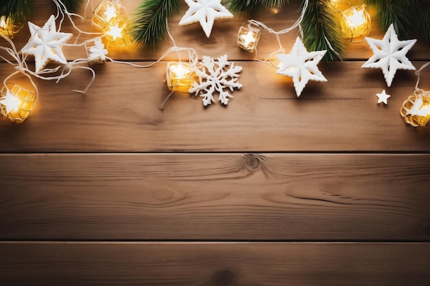 Christmas image with garland of lights and stars on a wooden background