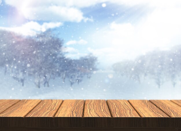 デフォーカス雪景色と木製のテーブルのレンダリング3D
