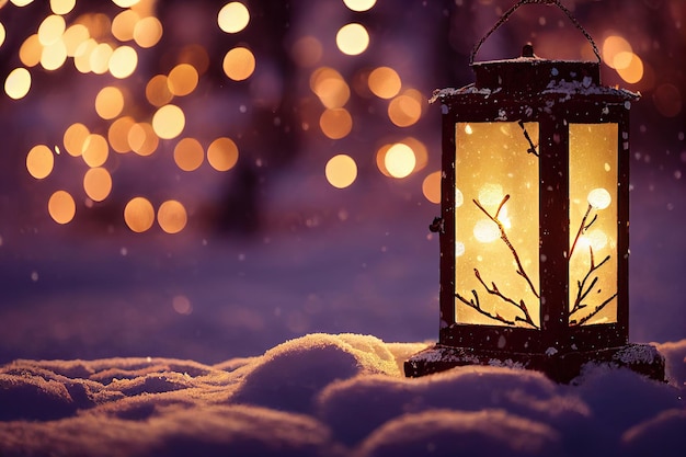 無料写真 モミの枝と雪のテーブルの装飾とクリスマス ランタン デフォーカス背景生成 ai