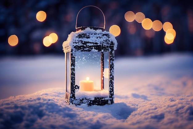 Christmas lantern with fir branch and decoration on snowy table  defocused background generative ai
