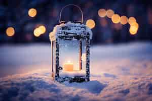Free photo christmas lantern with fir branch and decoration on snowy table  defocused background generative ai