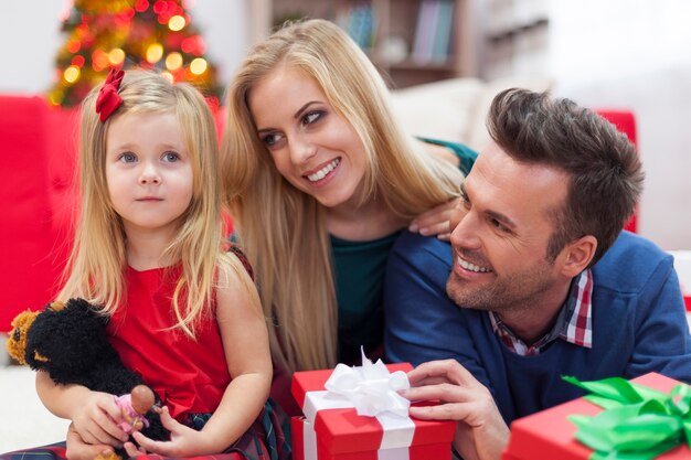 Christmas morning of happy family