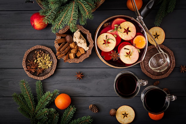 Christmas mulled wine and spices.  Flat lay. Top view