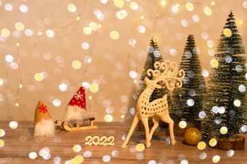 Free Christmas Light 2022 Premium Photo | Christmas And New Year's Decor. Christmas Deer, Numbers 2022,  Gnome On A Sled And Christmas Trees On A Wooden Background With Christmas  Lights. Christmas Card