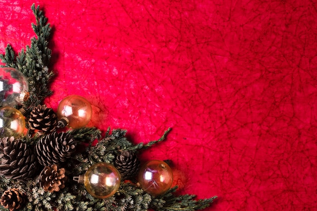 Christmas ornaments on red background
