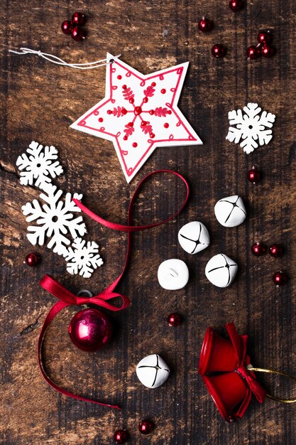 Christmas ornaments on wooden background