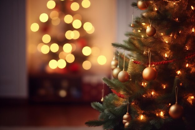 背景に色あせたライトで飾られた部屋のあるツリーのクリスマス写真