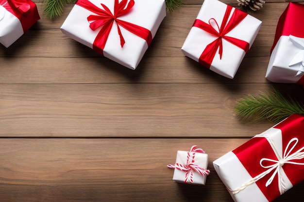 Free photo christmas presents on a wooden table with a pine branch in the background