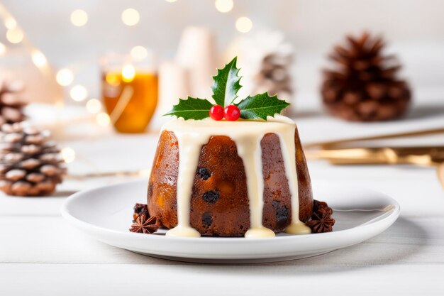 Christmas pudding fruit cake on christmas decoration backgroundTraditional festive dessert