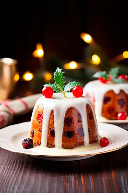 Free photo christmas pudding fruit cake with christmas decoration background.traditional festive dessert.